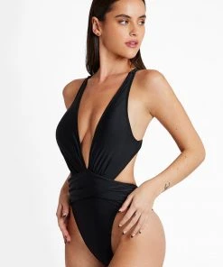 CUPSHE One Pieces Mindful Solids Deep Onyx Plunge Black One Piece