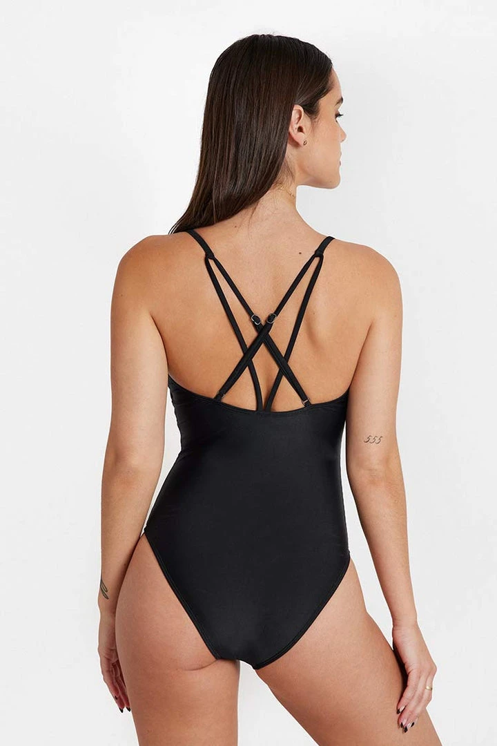 CUPSHE Mindful Solids Deep Onyx Lace Up Black One Piece One Pieces