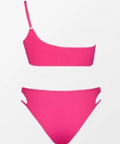 CUPSHE Summer Dreaming Pink Ribbed One Shoulder Top & Cutout High Waist Bikini Set