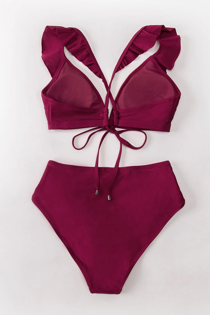 CUPSHE Swimwear BOGO 40% OFF Savannah Burgundy Ruffle Crisscross Drawstring Bikini