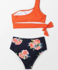 CUPSHE Orange And Floral One Shoulder Tied Bikini Swimwear UP TO 70% OFF