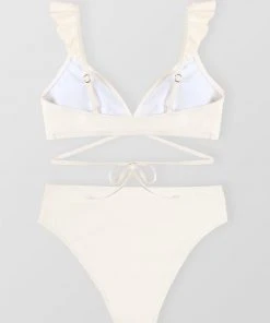 CUPSHE White Ruffle Wrap Side Shirred Mid Rise White Bikini Set