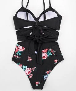 CUPSHE One Pieces Black And Floral Wrap Cutout One Piece Swimsuit