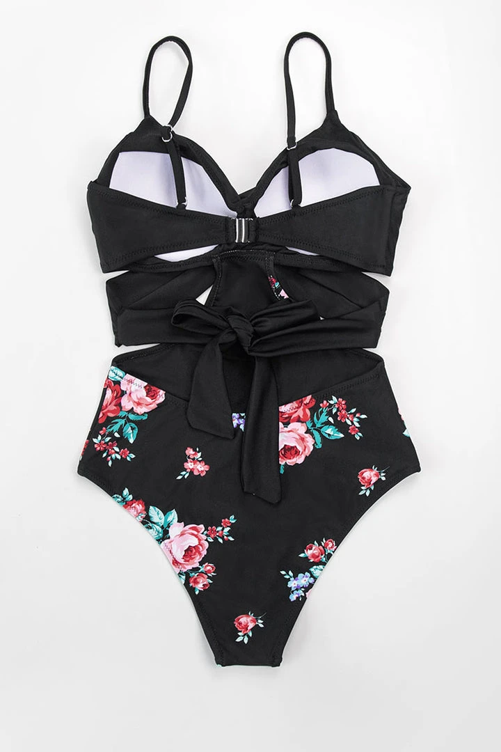 CUPSHE One Pieces Black And Floral Wrap Cutout One Piece Swimsuit