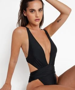 CUPSHE One Pieces Mindful Solids Deep Onyx Plunge Black One Piece