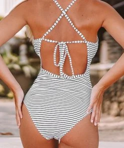 CUPSHE Black And White Stripe V-neck One Piece Swimsuit One Pieces