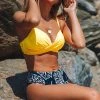 CUPSHE Yellow Twist-Front And Palm Print High Waisted Bikini