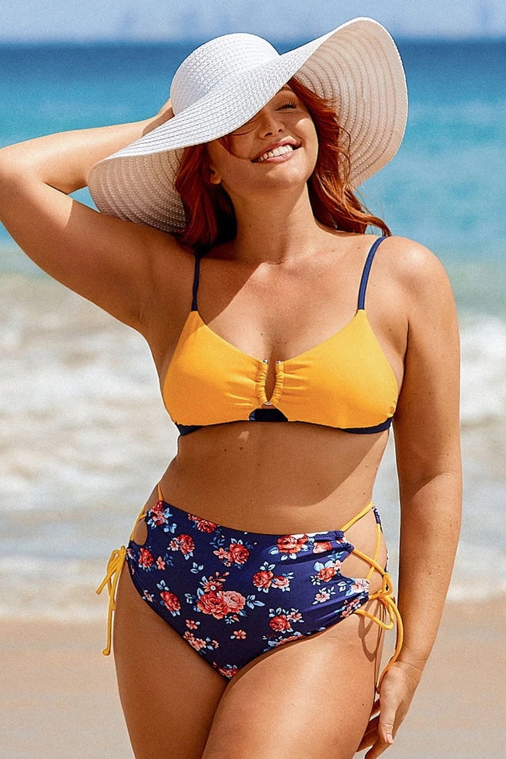 CUPSHE Colorblock Floral High Waisted Bikini Swimwear UP TO 70% OFF