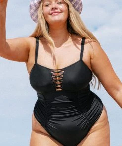 CUPSHE Swimwear UP TO 70% OFF Caitlin Black Strappy Ruched Plus Size One Piece Swimsuit