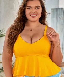 CUPSHE Karlee Yellow V-neck Ruffle Plus Size Bikini Top Swimwear BOGO 40% OFF