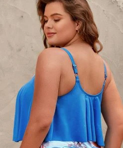 CUPSHE Stacey Blue Ruffle Plus Size Tankini Top Swimwear UP TO 70% OFF