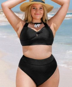 CUPSHE Charmed Romance Twist Front Black Plus Size Midkini Swimwear UP TO 70% OFF
