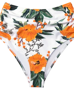 CUPSHE Orange Floral Shirring High Waisted Bikini Bottom