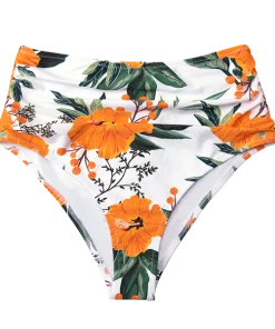CUPSHE Orange Floral Shirring High Waisted Bikini Bottom