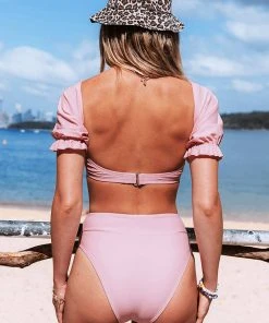 CUPSHE Swimwear BOGO 40% OFF Sidney Square Neck Short Sleeve High Waisted Pink Bikini