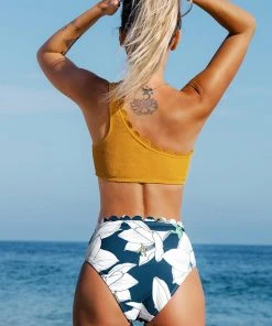 CUPSHE One Shoulder Scallop Top And High Waist Bikini Set Bikinis