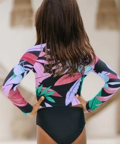 CUPSHE Girls' Tropicool Leaf Long Sleeve Swimsuit And Hipster Set Swimwear UP TO 70% OFF