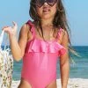 CUPSHE Girls' Joyful Retro Solid Ruffled Pink One Piece Swimsuit