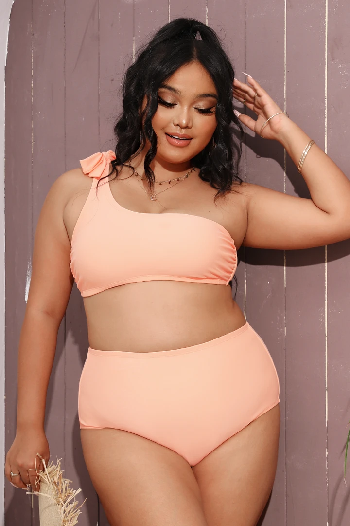 CUPSHE Nature Trip One Shoulder High Waist Tummy Control Plus Size Set Swimwear UP TO 70% OFF