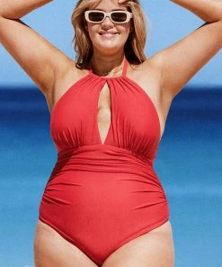 CUPSHE Joyful Retro High Neck Keyhole Tummy Control Red Plus Size One Piece