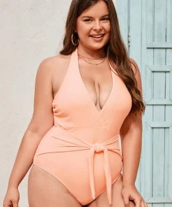 CUPSHE Nature Trip Sash Halter Tummy Control Plus Size One Piece Swimwear UP TO 70% OFF