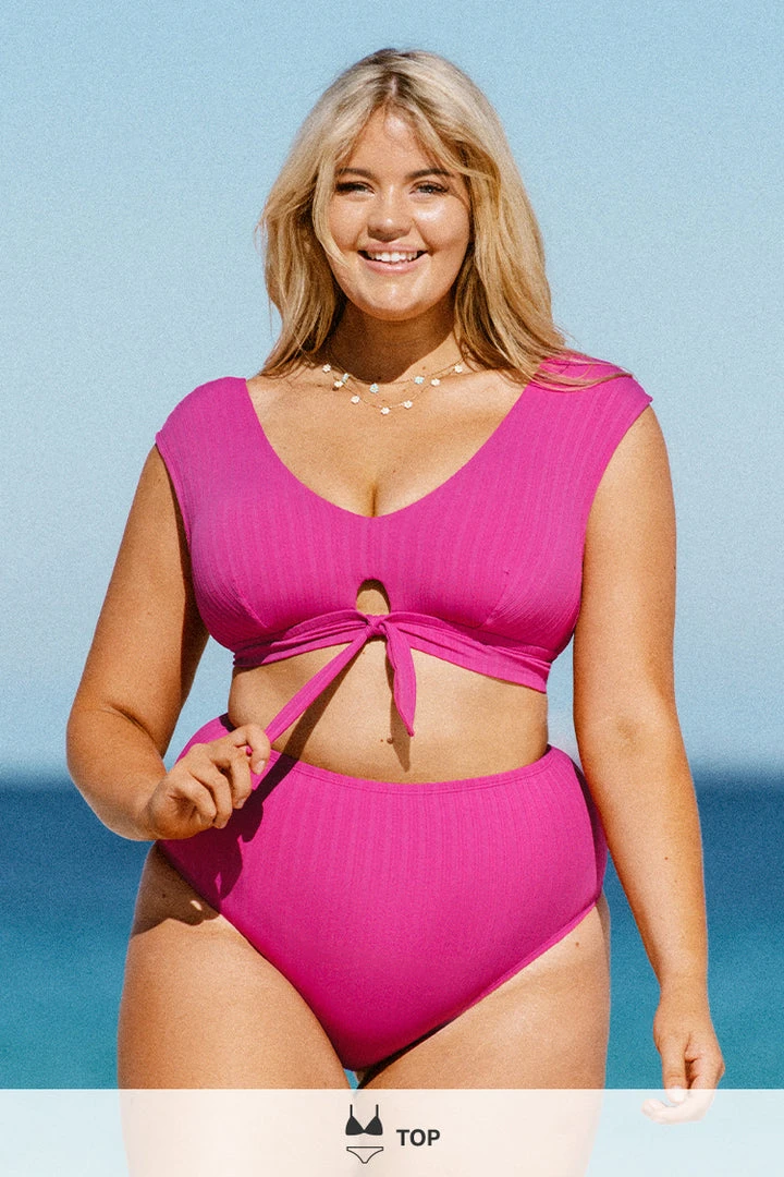 CUPSHE Swimwear BOGO 40% OFF Breezy Rib Faux Tie Cap Sleeve Bralette Plus Size Bikini Top