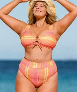 CUPSHE Swimwear UP TO 70% OFF Mercury Stripe Strappy Front Bralette Plus Size Bikini Top