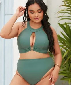 CUPSHE Keep It Cool Keyhole High Neck Plus Size Bikini Top