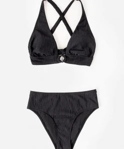 CUPSHE Wild Waves Black Ring Front Tall Tri And Classic Hipster Bikini Set