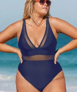 CUPSHE Summer Dreaming Plunge Mesh Plus Size One Piece Swimsuit
