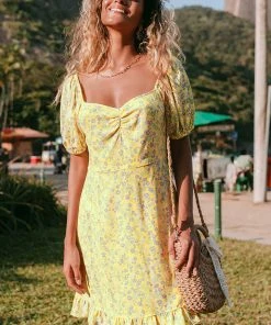 CUPSHE Dresses Alianna Yellow Ditsy Puff Sleeve Dress