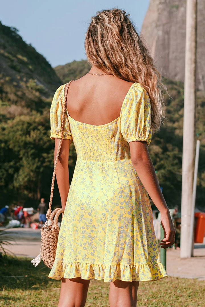 CUPSHE Dresses Alianna Yellow Ditsy Puff Sleeve Dress