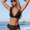 CUPSHE Bikinis Ruffle Wrap Side Shirred Mid Rise Black Bikini Set