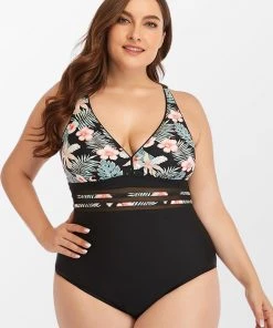 CUPSHE Tropical Floral Plunge Ladder Cutout Plus Size One Piece Swimsuit