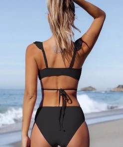 CUPSHE Bikinis Ruffle Wrap Side Shirred Mid Rise Black Bikini Set