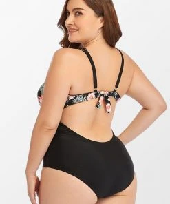 CUPSHE Tropical Floral Plunge Ladder Cutout Plus Size One Piece Swimsuit