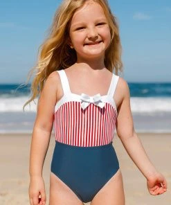 CUPSHE 4th Of July Sea Shore Stripe Bow One Piece Swimsuit For Girls One Pieces