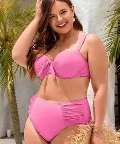 CUPSHE Palm Beach Nights Pink Faux Tie Underwire Side Shirred High Waist Plus Size Bikini Set