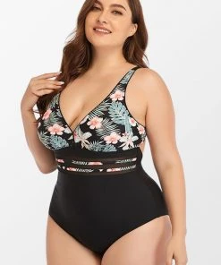 CUPSHE Tropical Floral Plunge Ladder Cutout Plus Size One Piece Swimsuit