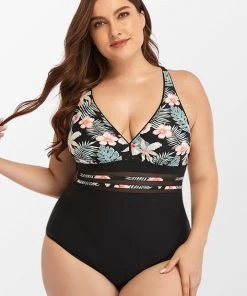 CUPSHE Tropical Floral Plunge Ladder Cutout Plus Size One Piece Swimsuit