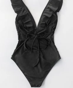 CUPSHE Summer Seaside Ruffled Ruched Plunge Tummy Control Black One Piece One Pieces