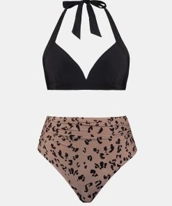 CUPSHE Wide Strap Halter Bralette And Shirred High Waist Bikini Set Bikinis