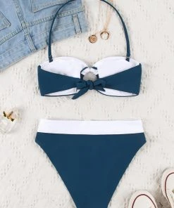 CUPSHE Bikinis 4th Of July Shining Sea Pleated Ring Bandeau & High Waist Cheeky Bikini Set