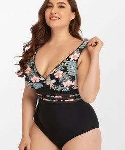CUPSHE Tropical Floral Plunge Ladder Cutout Plus Size One Piece Swimsuit