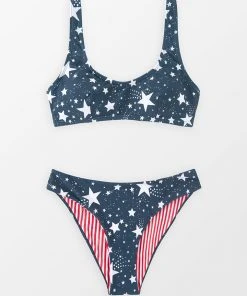 CUPSHE 4th Of July Starlight Bralette & Reversible Striped Ultra Cheeky Bikini Set Bikinis