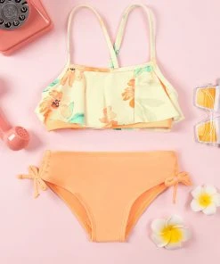 CUPSHE Swimwear BOGO 40% OFF Girls' Relaxing Flowers Ruffled Bandeau Top And Hipster Set