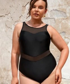 CUPSHE Palm Beach Nights Black Mesh High Neck Plus Size One Piece