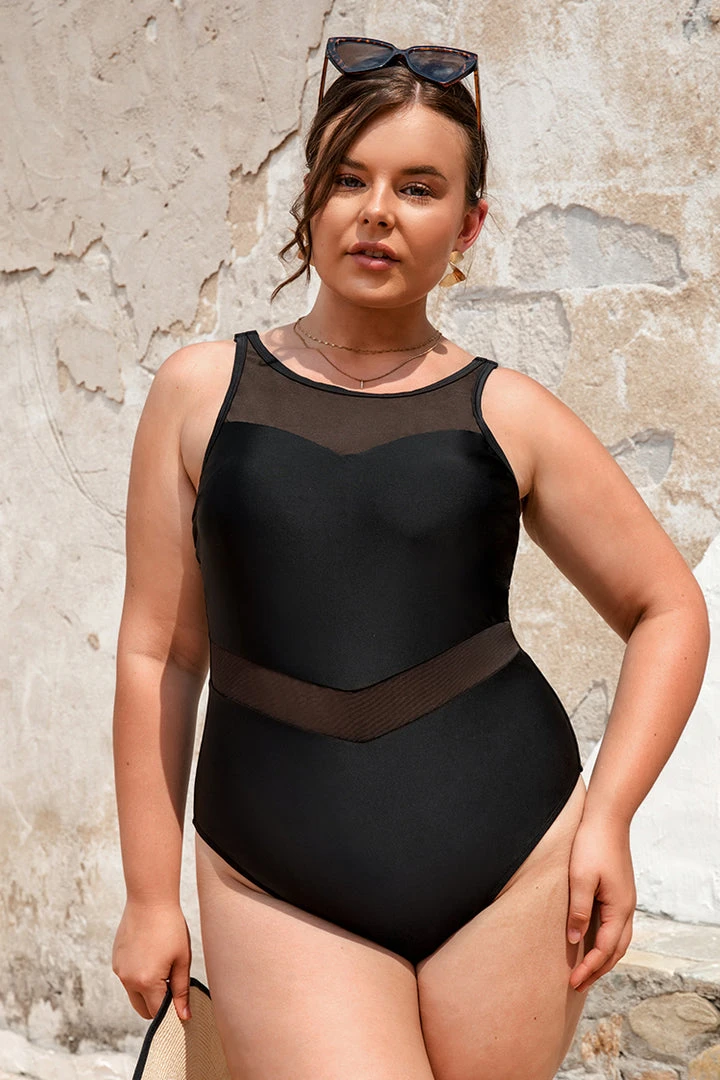 CUPSHE Palm Beach Nights Black Mesh High Neck Plus Size One Piece