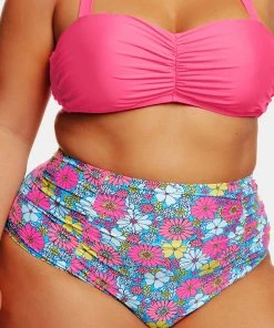 CUPSHE Point Dume Daisy Shirred High Waist Plus Size Bikini Bottoms