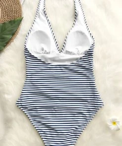 CUPSHE One Pieces Blue And White Stripe Halter Tummy Control One Piece Swimsuit